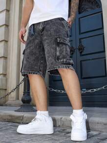 Manfinity Homme 男士深灰色酸洗牛仔百慕大短裤：前卫街头休闲风格，拉链细节