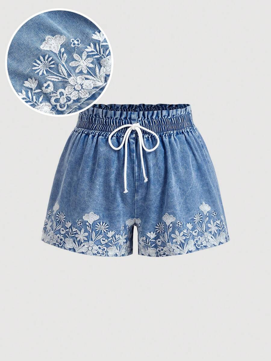 SHEIN MOD Plus Size Blue Elastic Waist Embroidered Denim Shorts - Light Wash - View 1