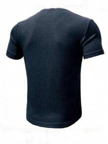 Manfinity Homme Men's Solid Color Button Half Placket Short Sleeve Henley T-Shirt - Navy Blue - View 2