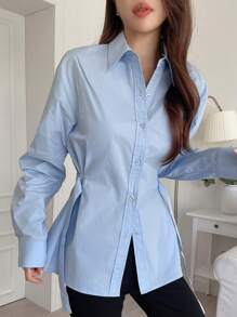DAZY Women's Casual Business Solid Color Long Sleeve Blouse - Blue - View 3