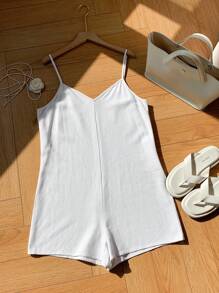 Comfortcana 夏日假期纯色V领无袖宽松连体裤 - 白色 - 查看 3