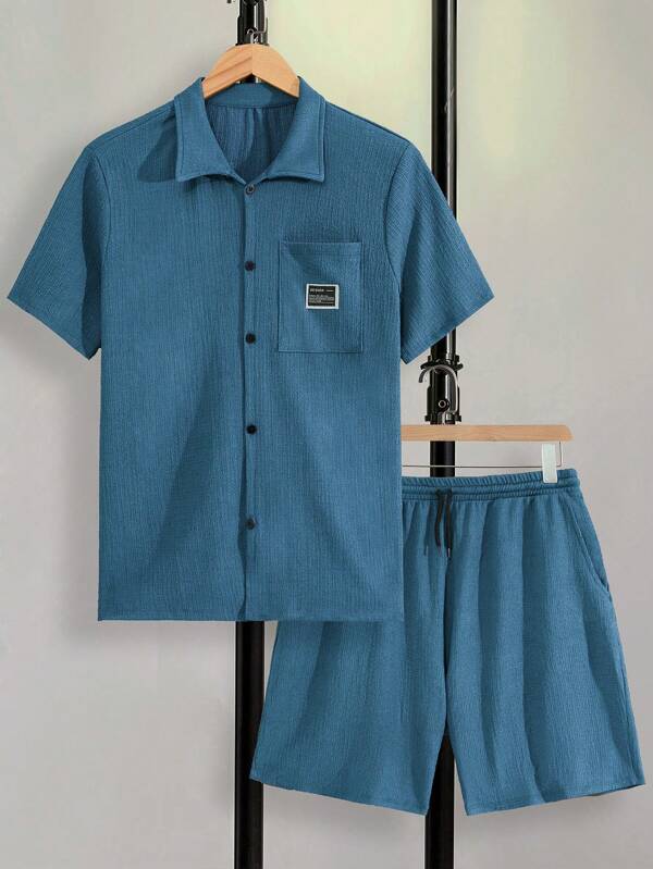 RueChic Men Casual Special Fabric Patched Pocket Regular Shirt Set