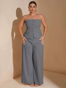 SHEIN Tall CURVE Plus Size Women's Elegant Date Sweet Girl Solid Color Bustier-Style Blazer Summer Suit, Suitable For Work Uniform Office Chic Lady Suit Women S Clothes Women Plus Clothing Business Casual Women Summer Clothing Woman S Summer Clothes Women Dresses Birthday - Dark Grey - View 7