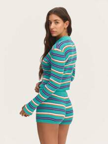 SHEIN Unity كارديجان محبوك مخطط بألوان صيفية زاهية، مع تصميم قصير وإغلاق بأزرار، مثالي للارتداء فوق الملابس اليومية أو الملابس الشاطئية