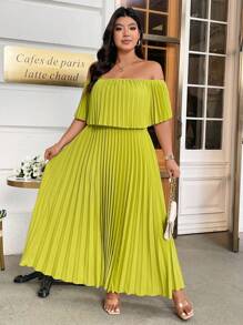 DreamSkyne 大码优雅露肩褶皱连衣裙 - 綠色 - 查看 7