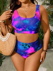 Swim Lushoire 2pcs/Set Plus Size Women Random Print Split Style Casual Vacation Swimsuit For Summer - Purple - View 4