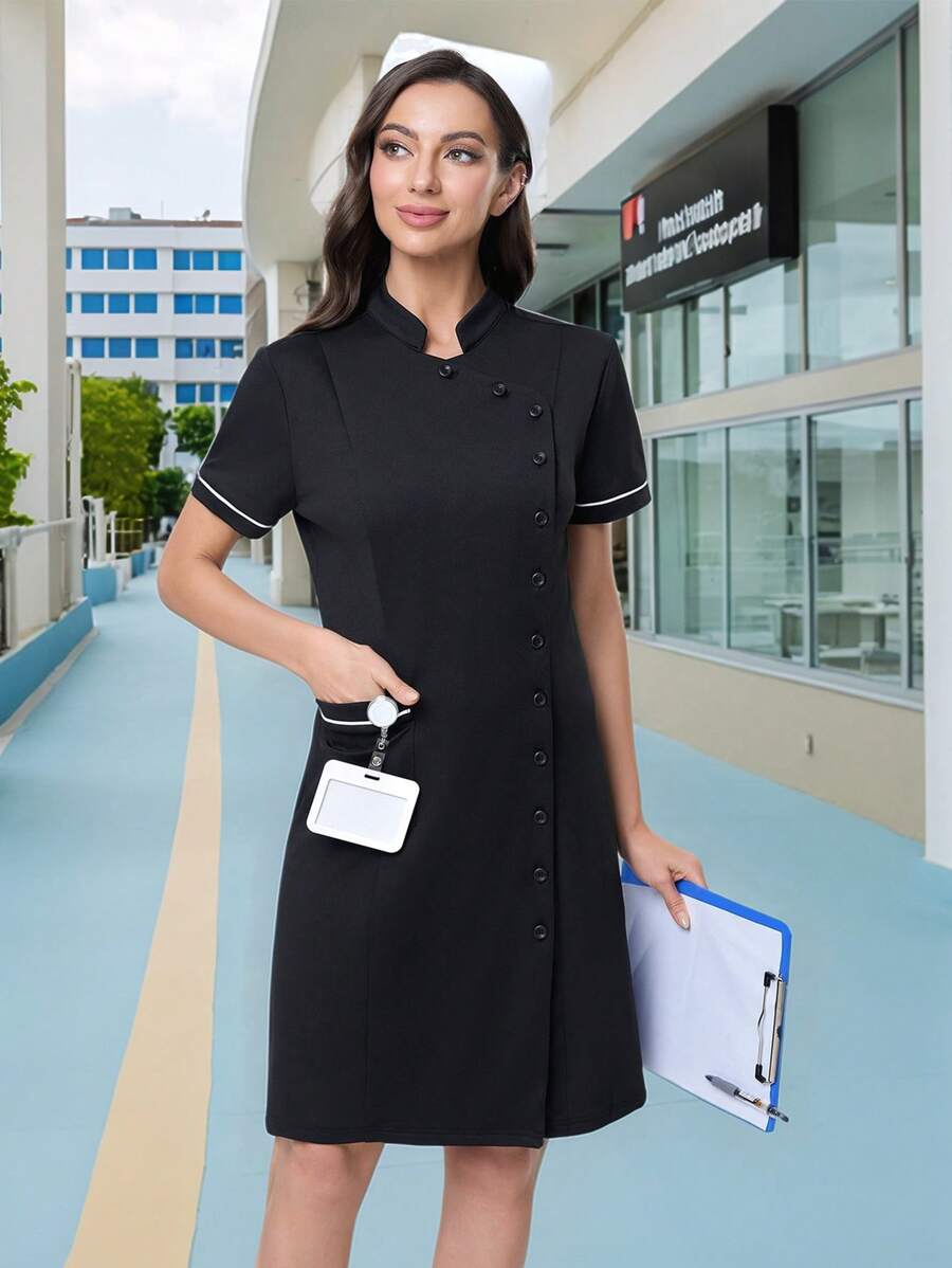 TaskEZ Black & White Contrast Color Elastic Knitted Nurse Dress For Women Work Dresses For Women Professional Dress - Black - View 1