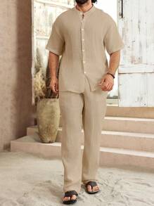 VENTUSAIL Men's Casual Solid Color Shirt & Pants Set, Minimalist Fashion For Daily Casual Wear, Men Two Pieces Outfits, White Men Set, Boy Friends Gifts Linen 2 Pieces Sets Men's S Linen 2 Pieces Sets, Cozy Outfits - Khaki - View 4