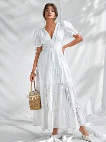 CLARA VERO Vestido de algodón bordado con manga corta, detalle de lazo delantero y botones, de unicolor para mujer