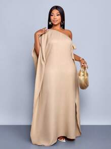 SOLERSUN Plus Size Women's Spring And Summer Solid Color Loose Casual Off-Shoulder Collar Cuffs Long Dress - Khaki - View 6