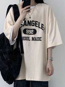 DAZY 女式休闲街头风格宽松 T 恤，带大字母印花，夏季超大 T 恤，图案 T 恤 - 杏色 - 查看 4