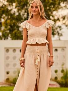 Aralina Boho Festival Cheesecloth Smocked Drawstring Tassel High Waist Ramadan Iftar Party Button Front Maxi Split Skirt - Apricot - View 8