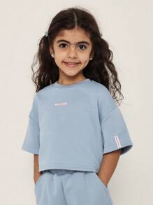 SUMWON Girls Summer Two-Piece Set Brooklyn Nyc Print Cropped Sweatshirt Shorts Set Streetwear Casual Athletic Sports Wear Spring Training Set - Dusty Blue - View 3