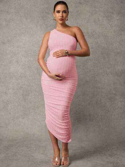 MaterniChic Maternity Solid Color One Shoulder Pleated Fitted Elegant Dress