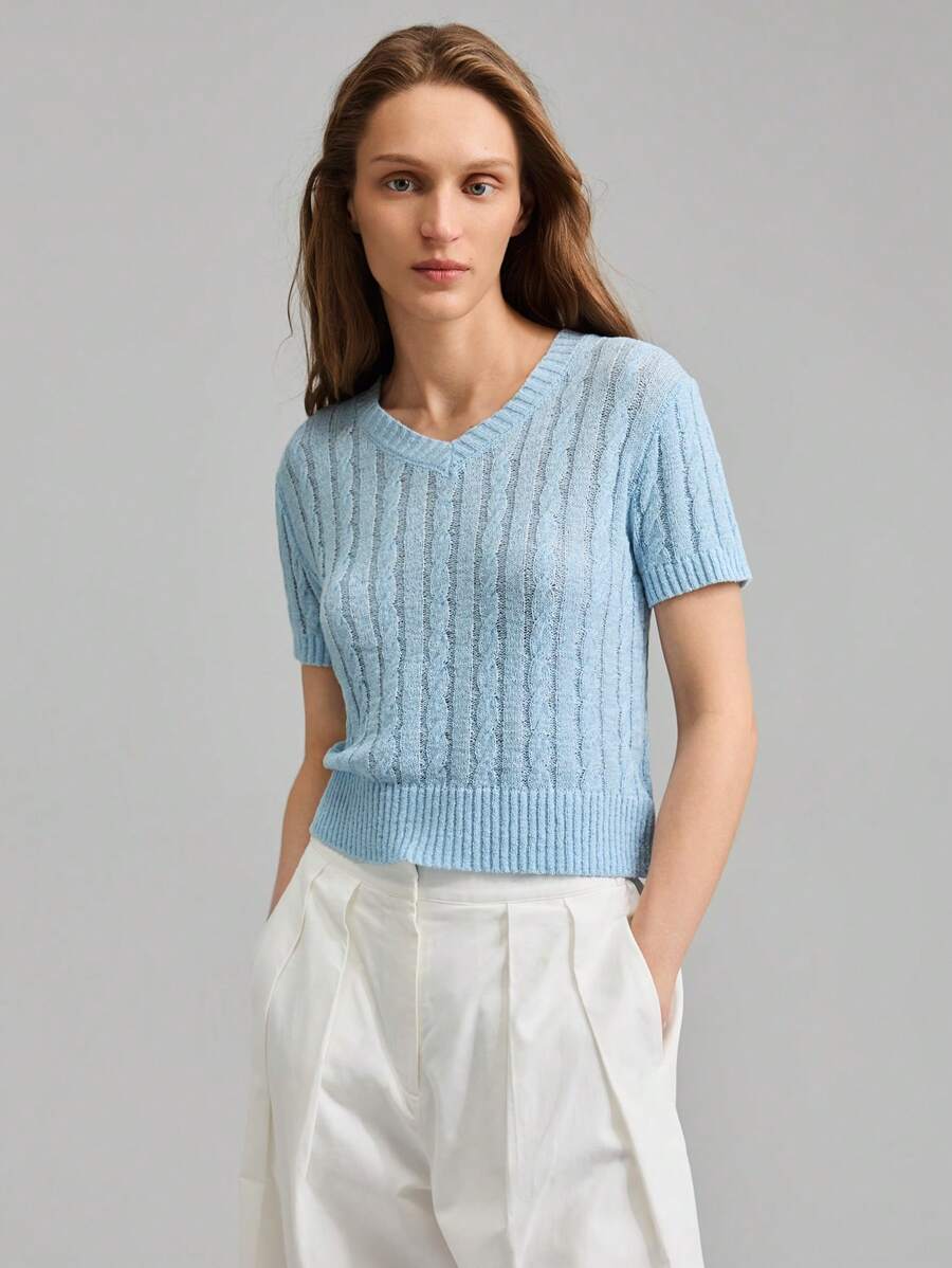 Ontre Regular Fit Short Sleeve V-Neck Knit Top, Fashionable For Summer - Blue - View 1