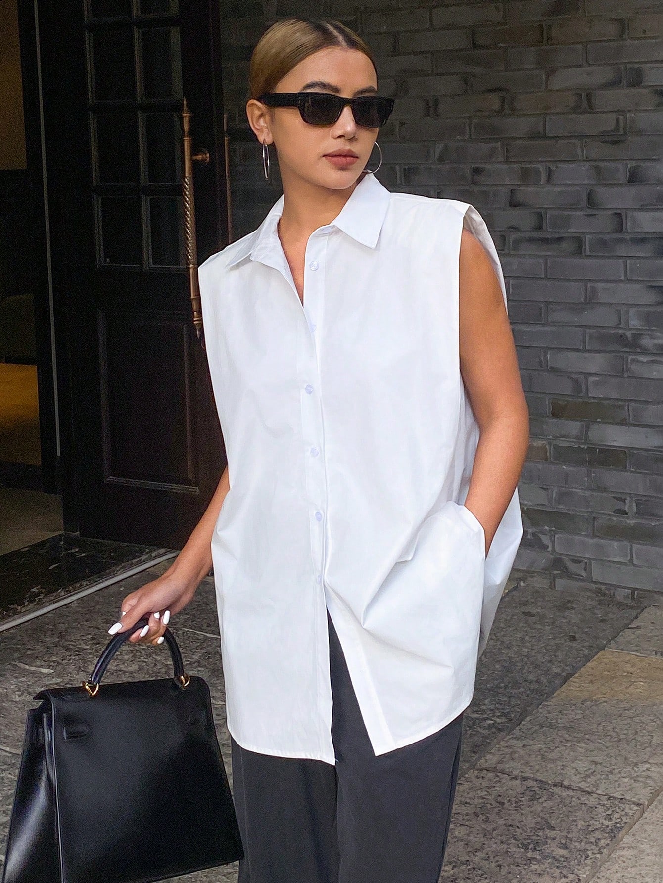 DAZY قميص/بلوزة نسائية أنيقة واسعة وبلا أكمام، للا...