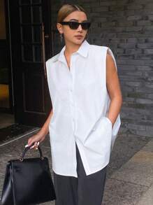 DAZY Women's Solid Color Loose Oversized Sleeveless Casual Vacation Shirt Blouse, Summer - White - View 9