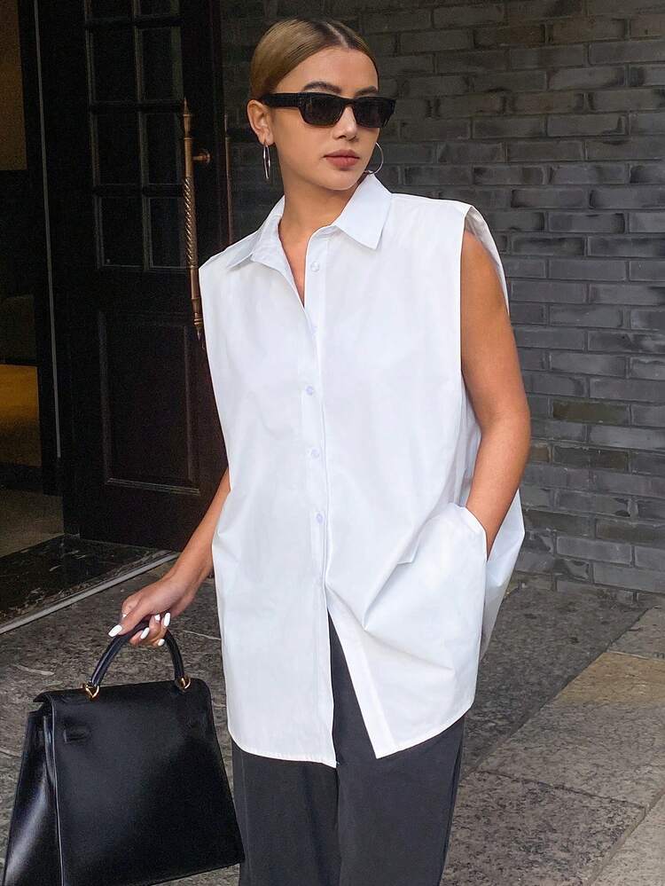 Women's Solid Color Loose Oversized Sleeveless Casual Vacation Shirt Blouse, Summer