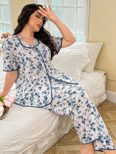 CottageSlumber 大码女式全身花卉印花翻领上衣和裤子睡衣套装，舒适优雅的细节