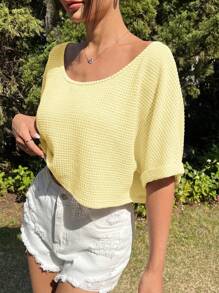 SHEIN EZwear Áo thun dệt kim vai chéo bán trong suốt thời trang mùa hè dành cho nữ màu trơn - Màu vàng - Xem 7