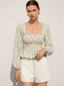 Aveloria Rosie New Arrival Spring/Summer Fresh Ditsy Floral Square Collar Shirred Design Striped Puff Sleeve Cute Ruffle Hem Waist Tied Versatile Women Blouse Boho Vacation Fashionable Style All Over Print - Multicolor - View 6