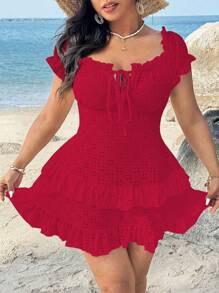 SHEIN SunnyBelle Váy ngắn hở vai màu trơn đơn giản, ôm sát bằng vải jacquard, viền bèo nhún cỡ lớn cho nữ, kỳ nghỉ hè ở bãi biển - Đỏ - Xem 3