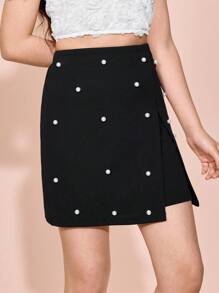 Tween Girls' Versatile Summer Black Pearl Decorated Mini Skirt - Black - View 5