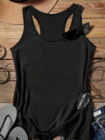 EMERY ROSE Plus Size Plain Color Loose Fit Camisole Top, Casual & Minimalist Style, Suitable For Summer Back To School