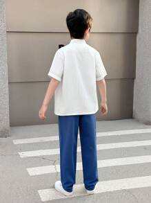 2 件套休闲青少年男孩白衬衫和裤子，简约学院风 - 寶藍色 - 查看 2