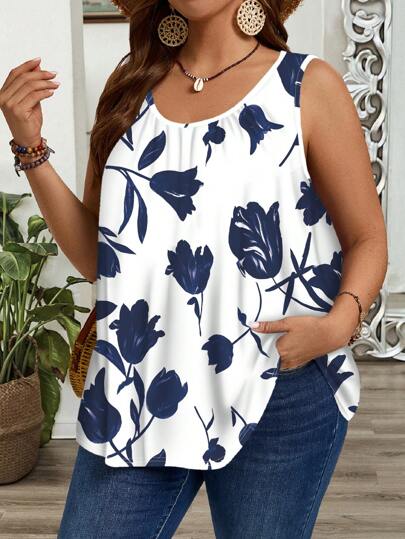 EMERY ROSE Casual Floral Print Sleeveless Pleated Loose Camisole/Tank Top, Plus Size, Suitable For Spring And Summer Suitable For Going Out