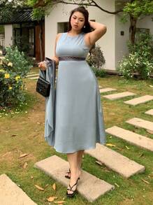 Dazy Plus 2pcs Set: Plus Size Loose Patchwork Placket Smock & Spaghetti Strap Dress Carnival - Baby Blue - View 8