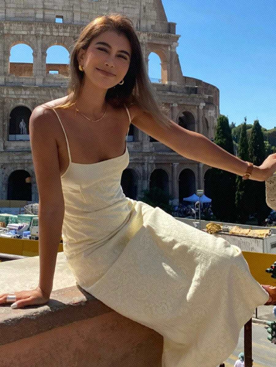 Livesso Robe longue femme unicolore sans manches, à la mode pour l'été, robe casual pour femme - Blanc - Voir 1