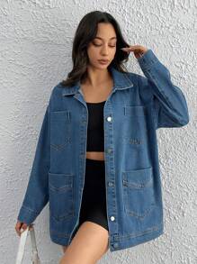 EURMUSE Women Rigid Distressed Snow Wash Denim Jacket - Medium Wash - View 4