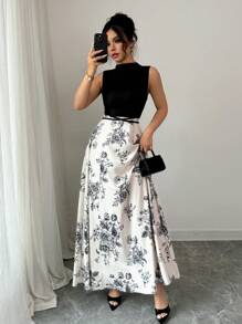 Elenzga 女士音乐节度假罗纹针织玫瑰印花系带腰连衣裙 - 黑色 - 查看 1