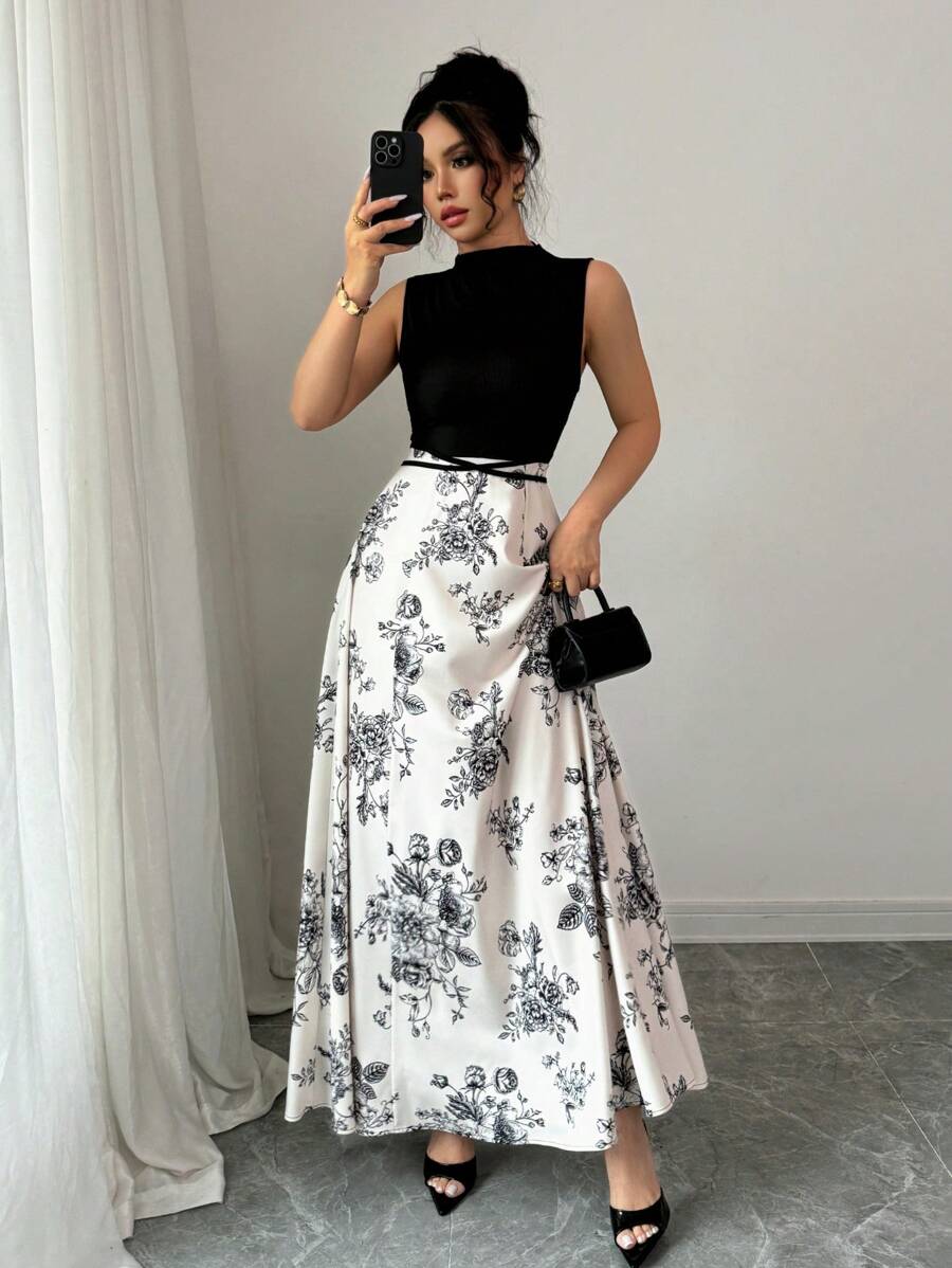 Elenzga 女士音乐节度假罗纹针织玫瑰印花系带腰连衣裙 - 黑色 - 查看 1