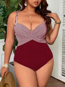 Swim Lushoire بدلة سباحة قطعة واحدة حريمي حجم إضافي مع حشو معقود، مع ظهر مجمع وحاشية ، بتصميم بسيط للشاطئ - عنابي اللون - مشاهدة 3