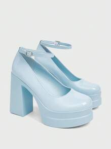 Sugerpunk Women's Fashion Blue Ankle Strap Chunky Heel Platform Pumps, Suitable For Commuting, Dating, Party, Holiday, Wedding For Christmas - Baby Blue - View 2