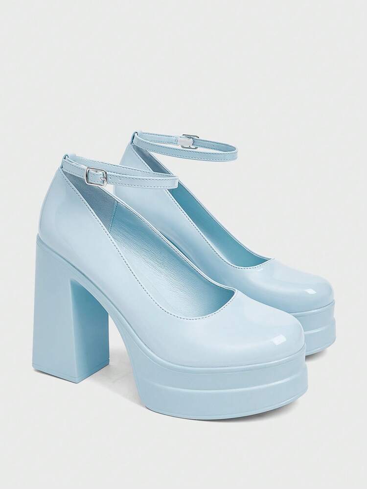 Women's Fashion Blue Ankle Strap Chunky Heel Platform Pumps, Suitable For Commuting, Dating, Party, Holiday, Wedding For Christmas 2000s Style