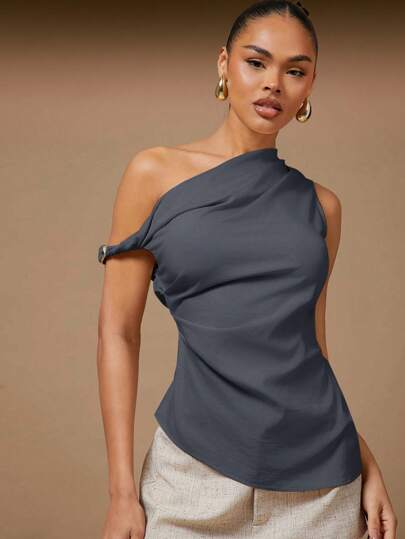 Hauture 女士夏季不对称肩部褶饰上衣，夏季上衣，适合日常、约会之夜、音乐会、表演、派对、俱乐部