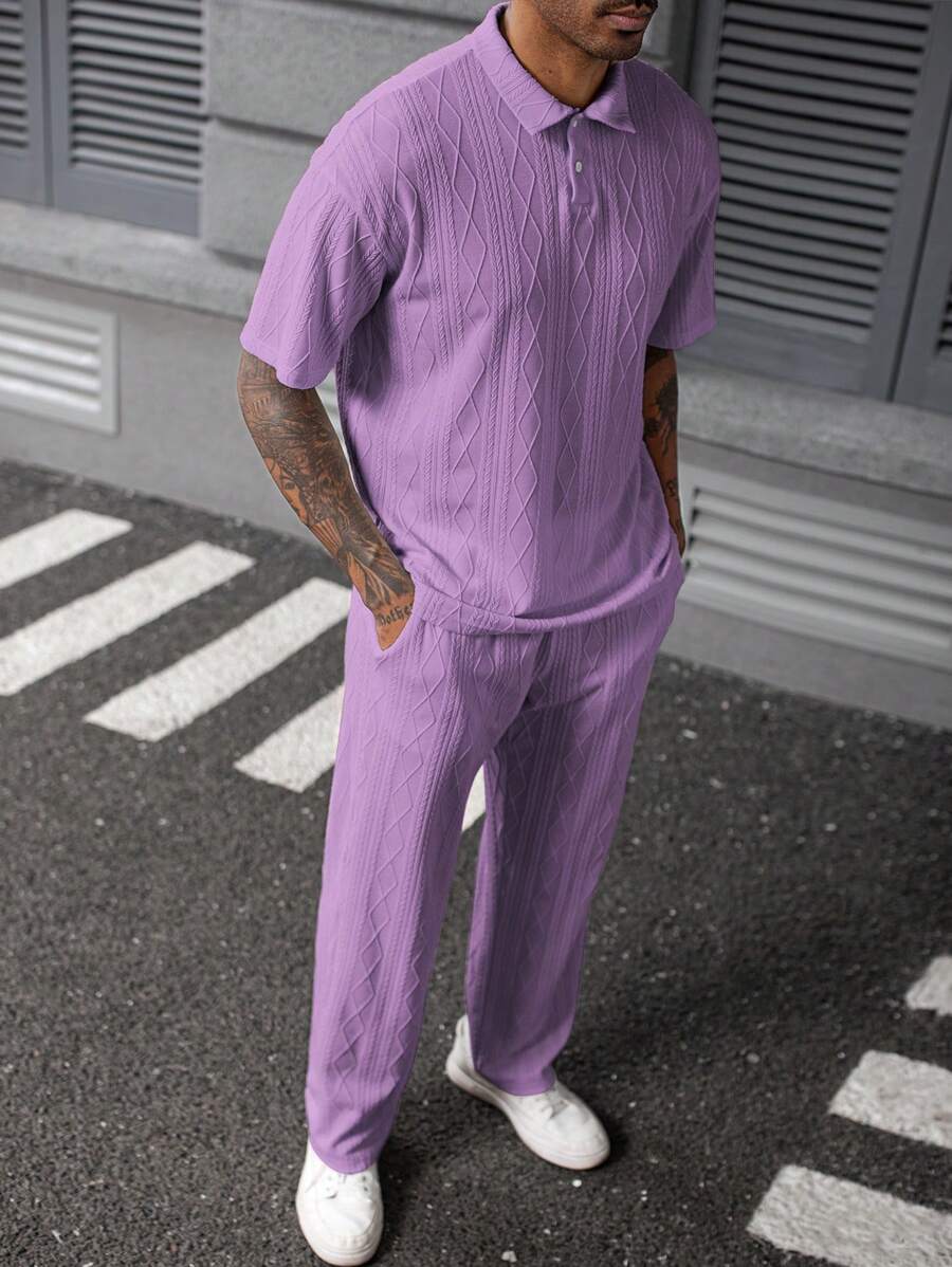 Manfinity Homme Men's Knit Textured Fabric Polo Shirt And Pants Suit Set - Purple - View 1