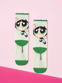 THE POWERPUFF GIRLS X SHEIN 1 Paar Damen Socken mit Butterblumen Muster in Kontrastfarbe