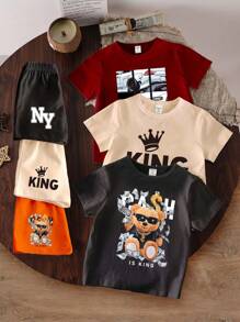 SHEIN Playful Pals Bé Trai 3 Chiếc Kính Mát Thông Thường Vui Nhộn Gấu Xe Ô Tô Hình Vương Miện Chữ Khẩu Hiệu Phim Hoạt Hình In Áo Thun Tay Ngắn + Bộ Quần Short - Nhiều màu - Xem 3