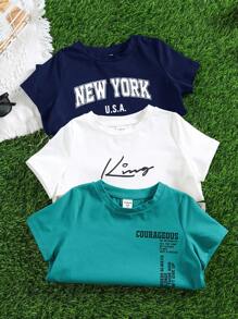 3pcs/Set Kids Boys Casual Letter Print Graphic Crew Neck Pullover T-Shirts Multi-Pack, Suitable For School And Outdoor Wear, Spring/Summer