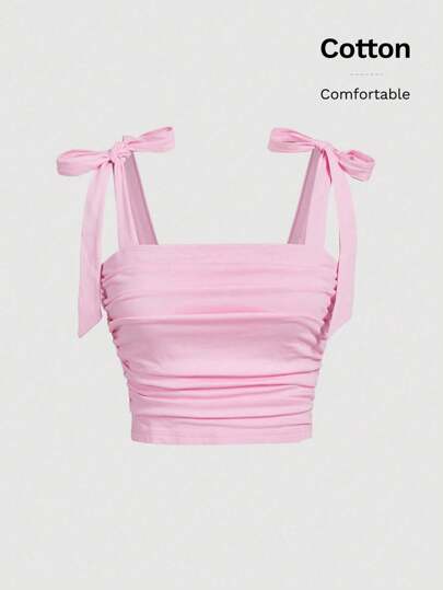 SHEIN MOD Pink Bow Summer Top Solid Tie Shoulder Ruched Wide Strap Top,Valentine Outfits