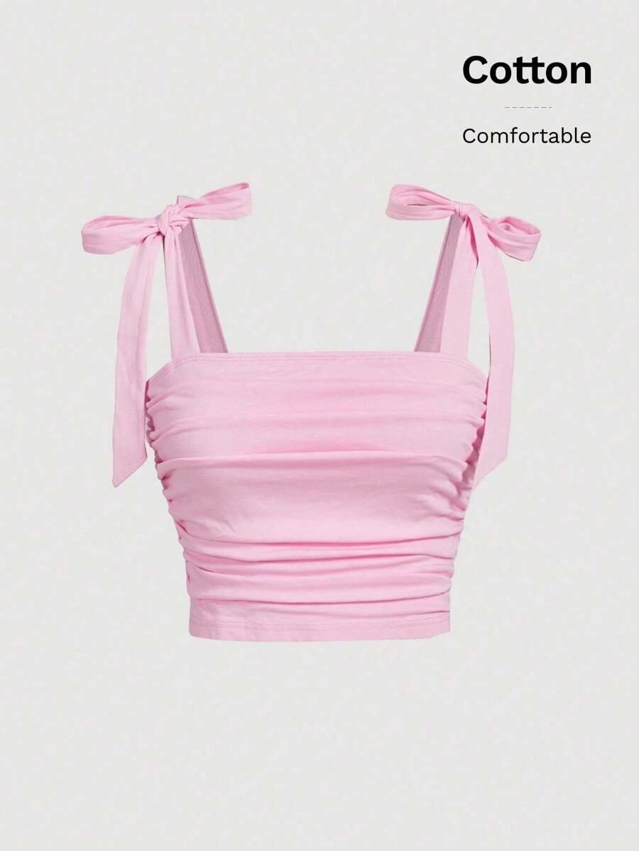 SHEIN MOD 粉色蝴蝶结夏季上衣纯色系带肩部褶饰宽肩带上衣 - 淺粉色 - 查看 1