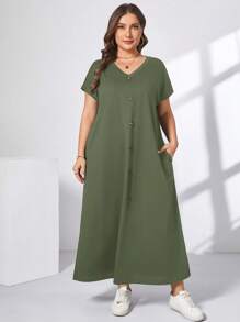 SHEIN Essnce 大码女装春夏时尚休闲宽松舒适日常短袖绿色V领口袋长裙，女装夏季服装，女装教堂服装，老钱风格女装，女装教师服装，女装机场服装，极简主义风格 - 軍綠色 - 查看 7