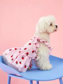 PETSIN 1 件宠物狗和猫通用花卉格子草莓印花可爱盖袖连衣裙，甜美乡村风格 - 彩色 - 查看 5