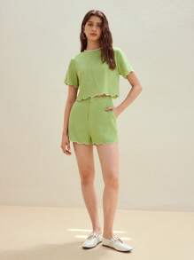 MOTF STUDIO LINEN EMBROIDERY SCALLOP TRIM BLOUSE - Green - View 4