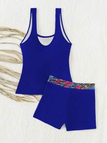 Swim Lushoire 一件式女士无袖圆领短款上衣和下装休闲泳装套装夏季 - 寶藍色 - 查看 6