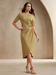 Anewsta Elaire 高端圆领长袖金属纽扣褶皱腰不对称优雅礼服，适合春季、夏季、毕业典礼，优雅 - 綠色 - 查看 6